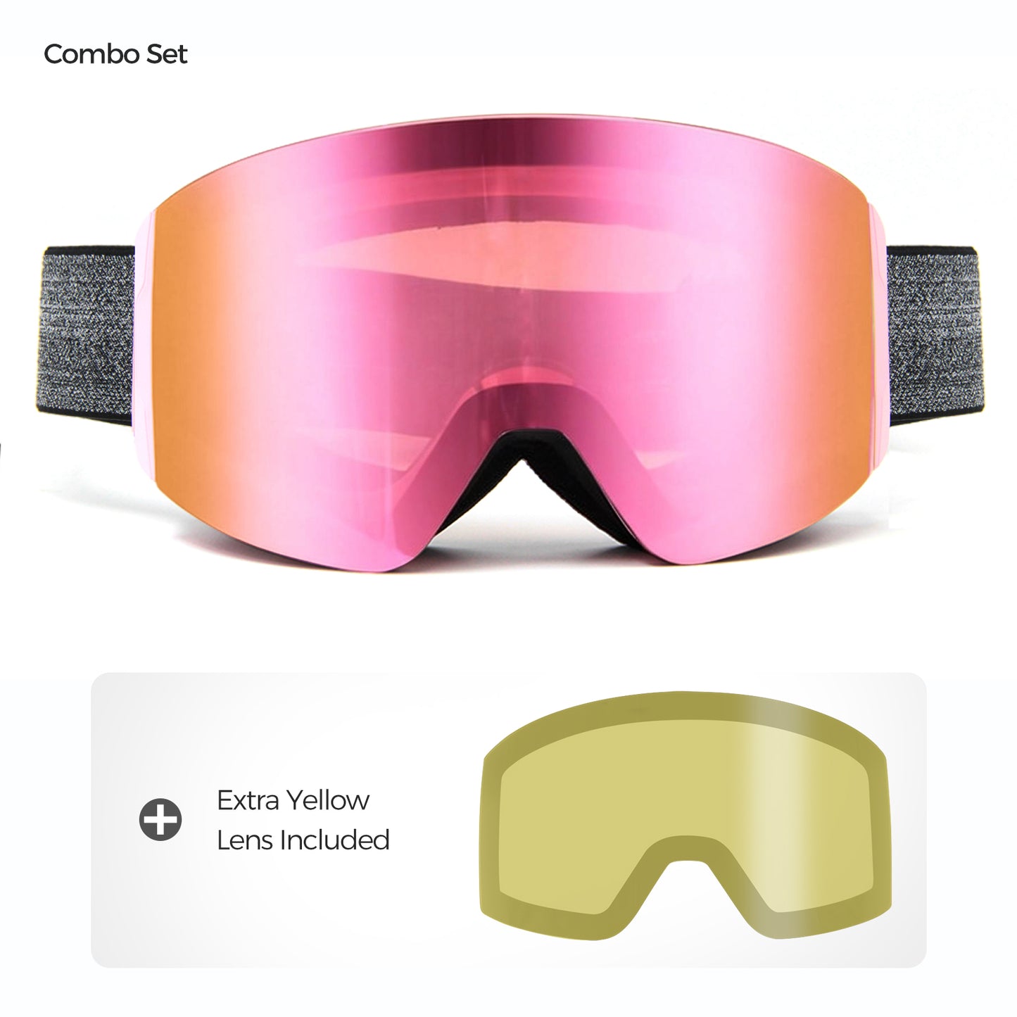 QuickSwap magnetic ski goggles with Grey Revo Pink lens and included yellow lens