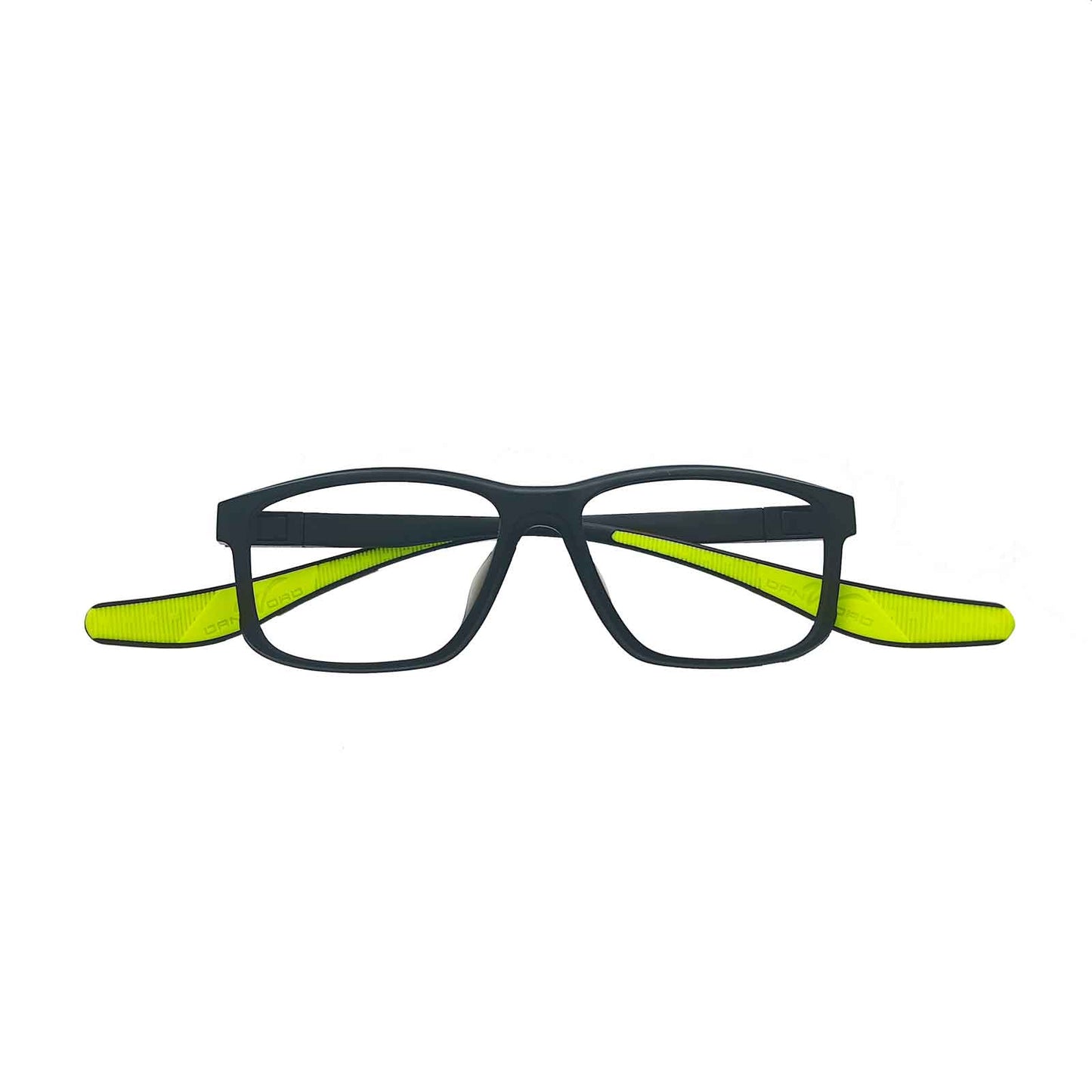 Viewed from the front, the Wynthorix ERX Athletic Prescription Eyewear in Green-Black & Yellow showcase the graceful butterfly curve of the temple tips.