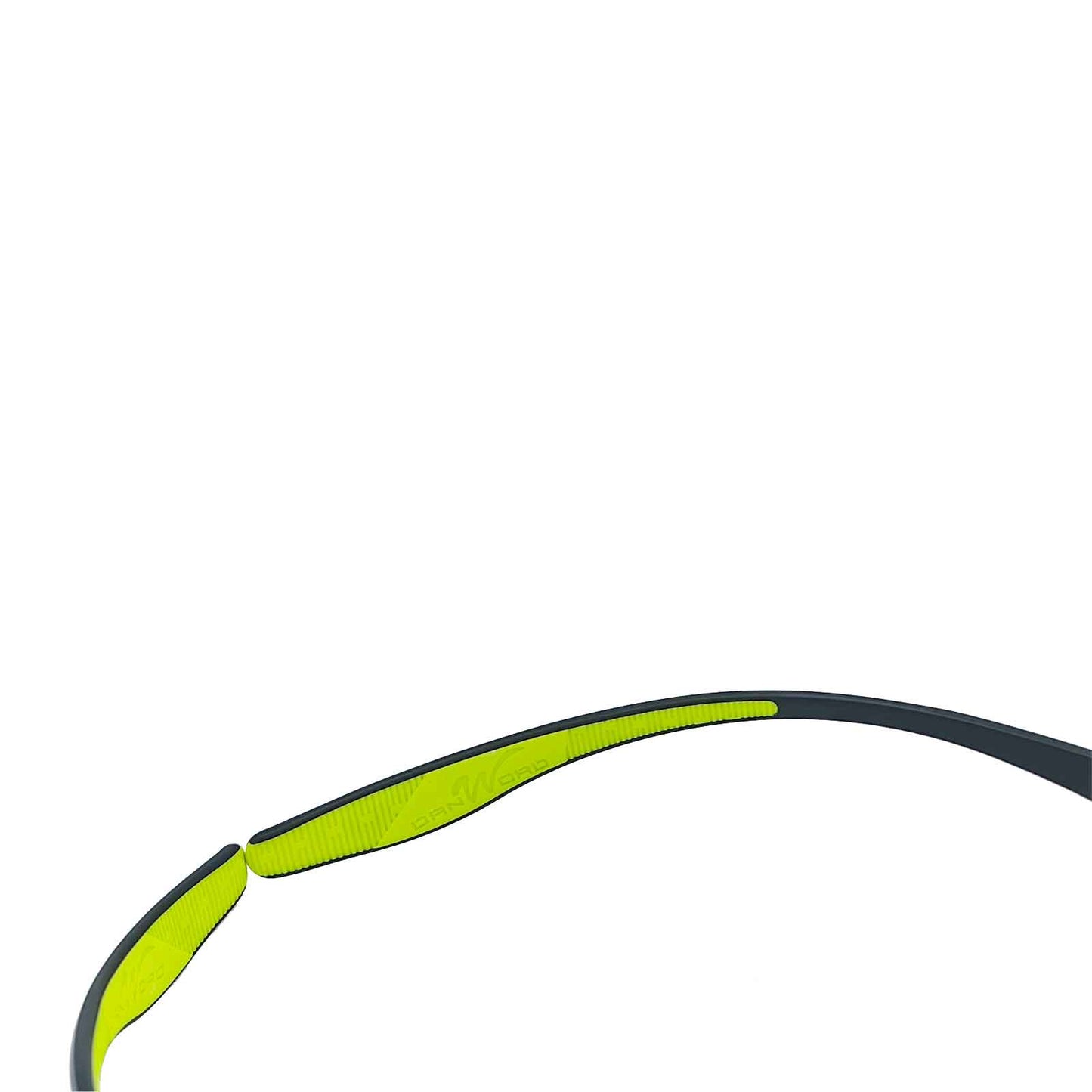 ERX athletic prescription eyewear boasts neon green sports temples with rubber grips, accented by clear, visible stripes at the ends, providing enhanced stability and comfort during wear.