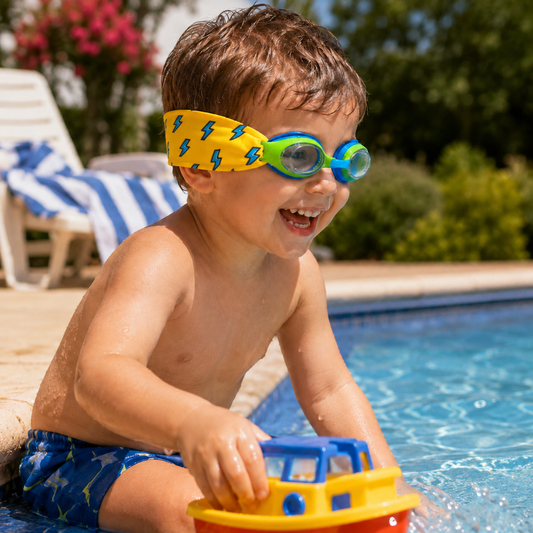 3 Year Old Wearing Fabric Strap Swim Goggles