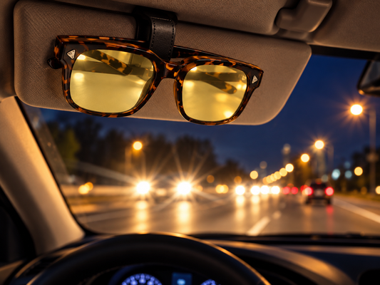 Tortoiseshell night driving glasses with yellow-tinted lenses clipped to a car sun visor, with bright oncoming headlights and starburst glare visible through the windshield at night.