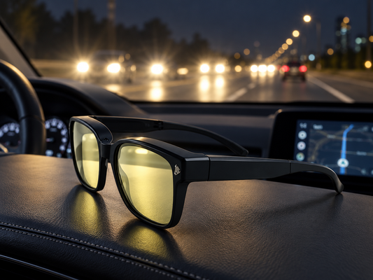 Yellow-tinted night driving glasses with black frames on a car dashboard, with bright oncoming headlights visible through the windshield at night.