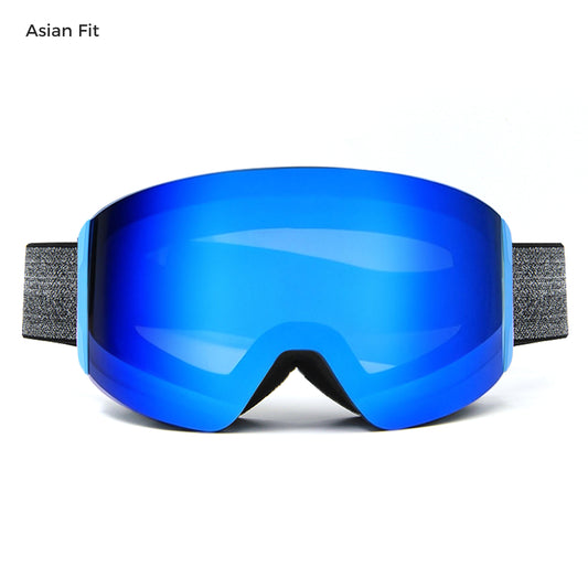 magnetic ski goggles with grey lens and full revo blue coating, asian fit design