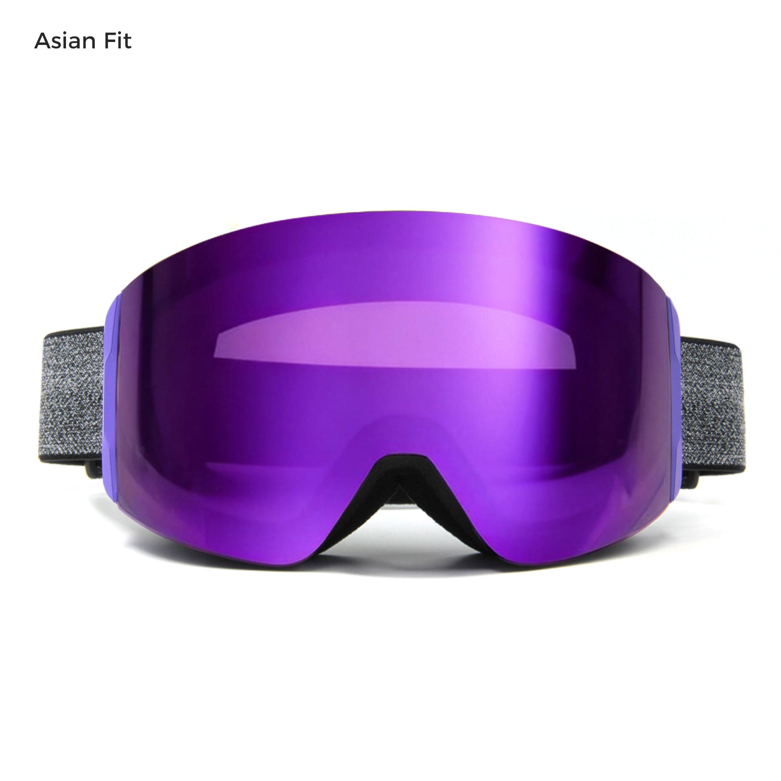 magnetic ski goggles with grey lens and full revo purple coating, asian fit design
