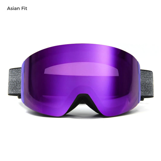 magnetic ski goggles with grey lens and full revo purple coating, asian fit design