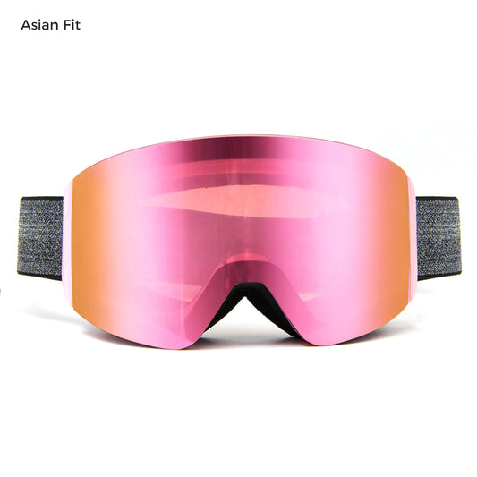 magnetic ski goggles with grey lens and full revo pink coating, asian fit design