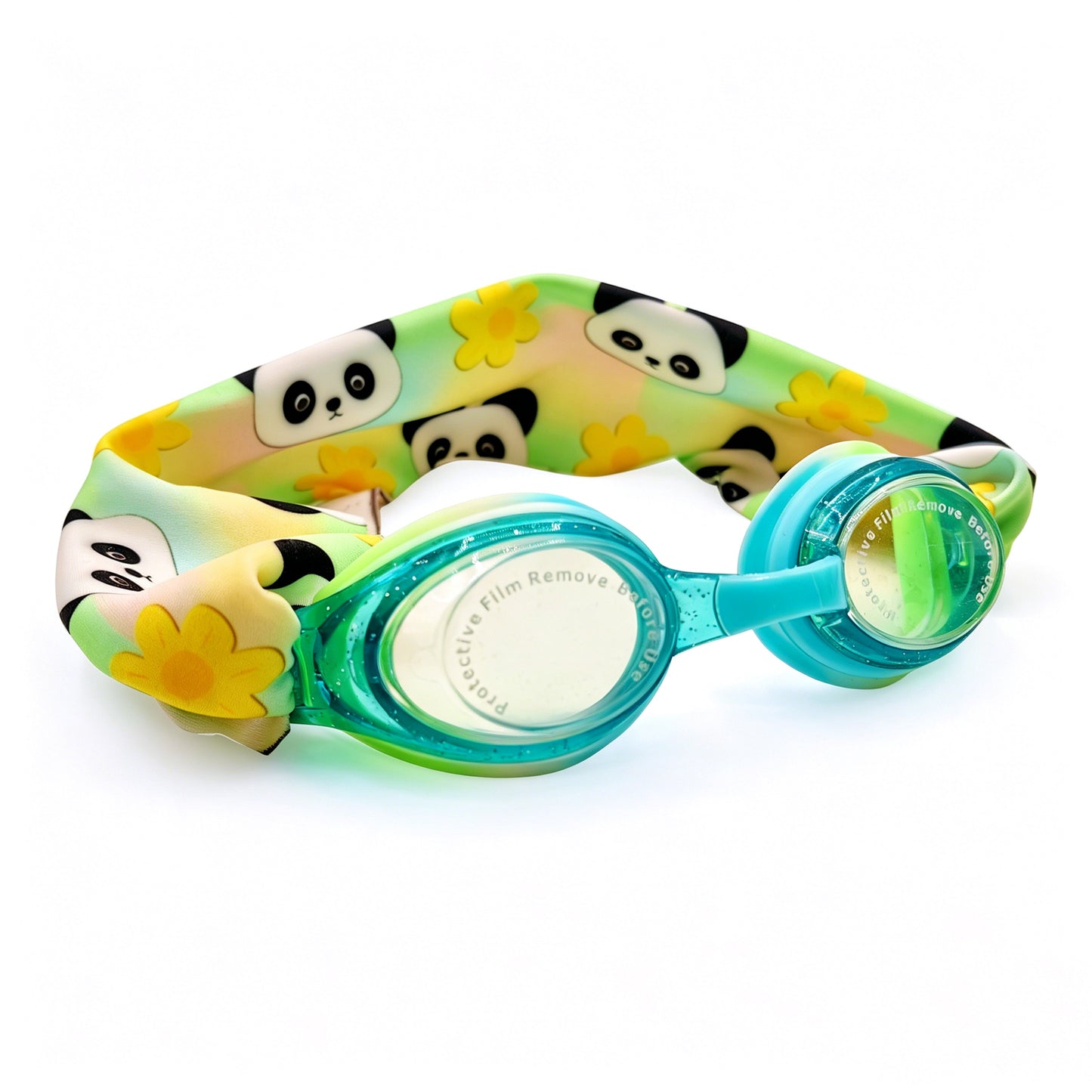 EasyStrap kids swim goggles in aqua with soft panda blossom fabric strap for easy on and off