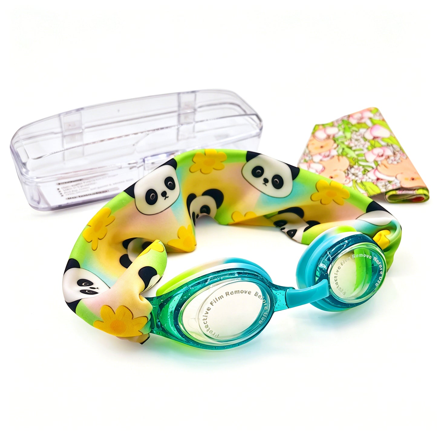 EasyStrap kids swim goggles in aqua with panda blossom fabric strap, bonus floral teddy strap, hard case, and user manual included