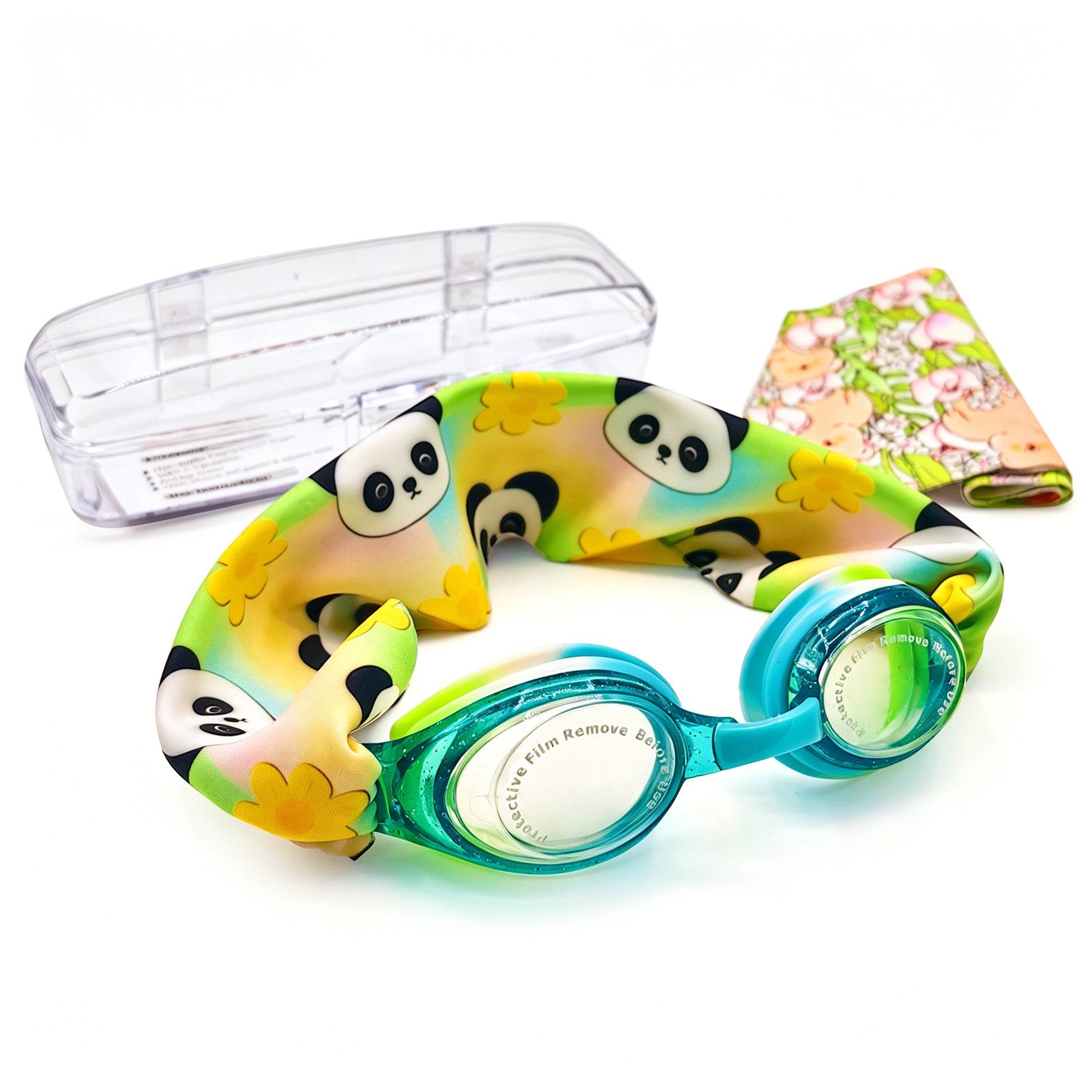 EasyStrap kids swim goggles in aqua with panda blossom fabric strap, bonus floral teddy strap, hard case, and user manual included