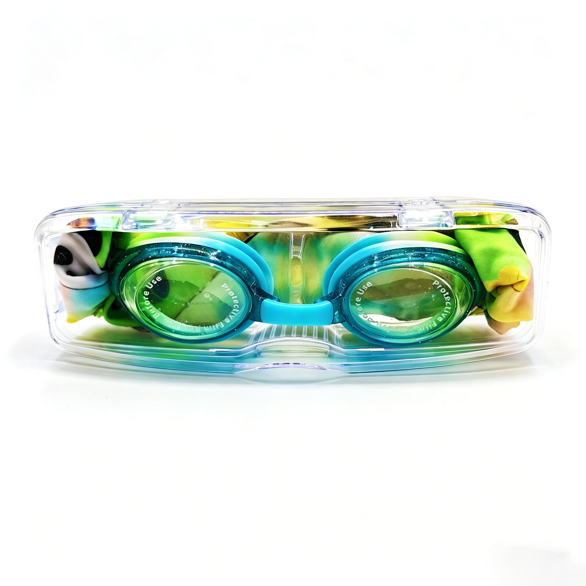 EasyStrap kids swim goggles packed in clear hard case with panda blossom fabric strap