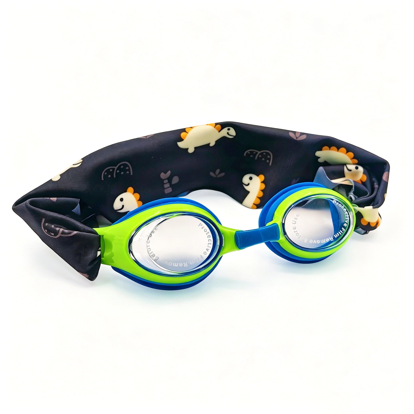 EasyStrap kids swim goggles in blue green  with soft dino adventure fabric strap for easy on and off