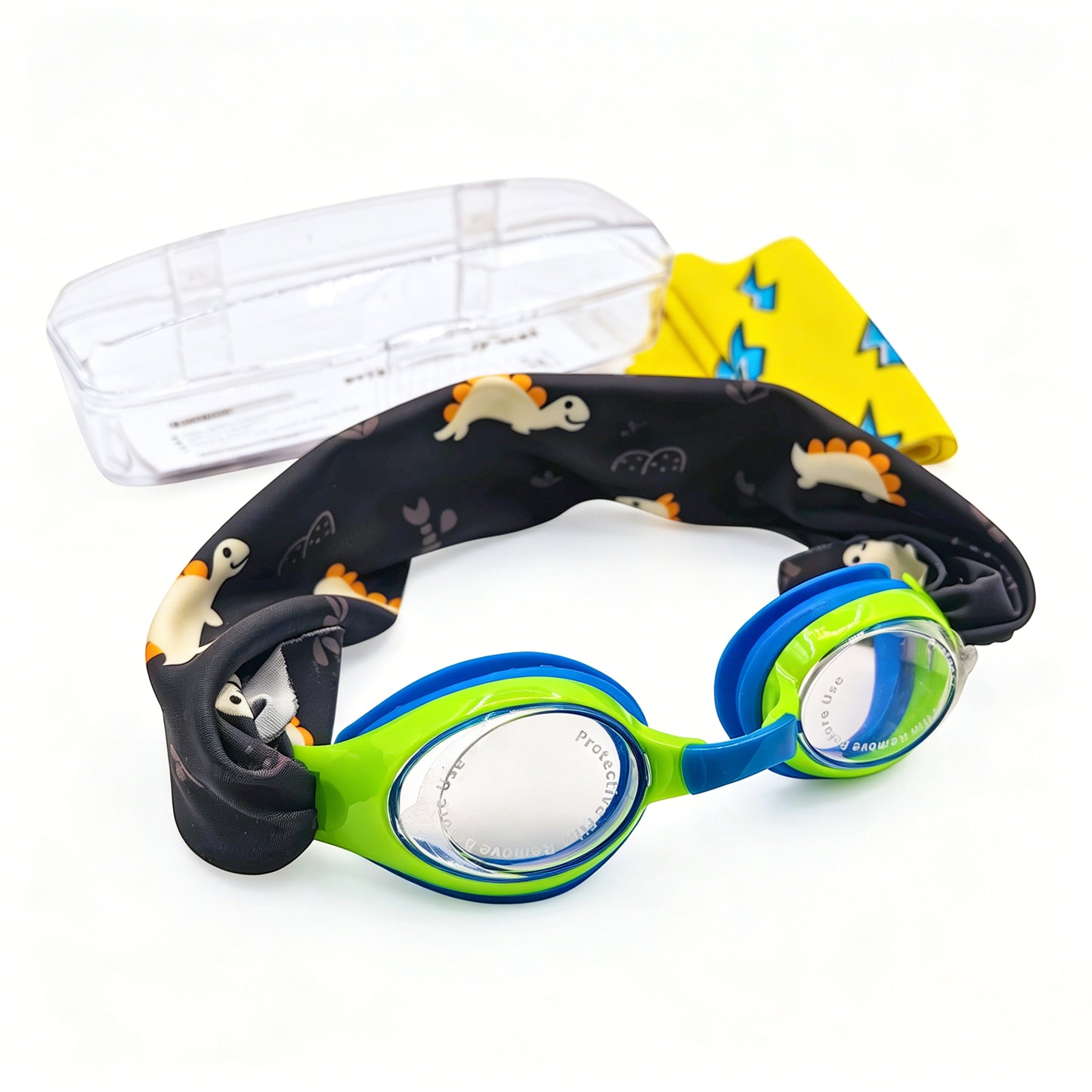 EasyStrap kids swim goggles in blue green with dino adventure fabric strap, bonus lightning flash strap, hard case, and user manual included