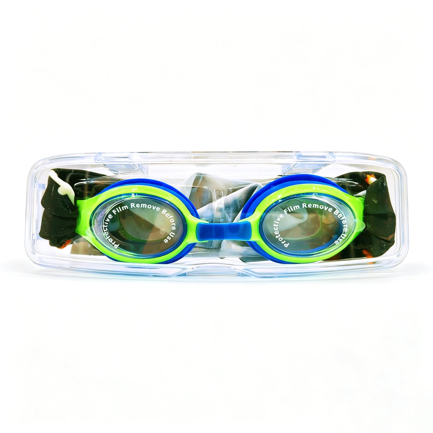 EasyStrap kids swim goggles packed in clear hard case with dino adventure fabric strap