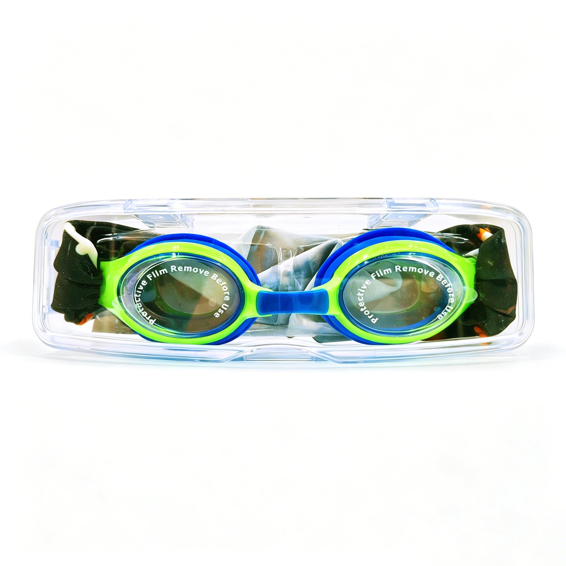 EasyStrap kids swim goggles packed in clear hard case with dino adventure fabric strap