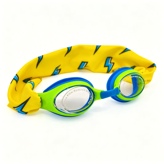 EasyStrap kids swim goggles in blue green with soft lightning flash fabric strap for easy on and off