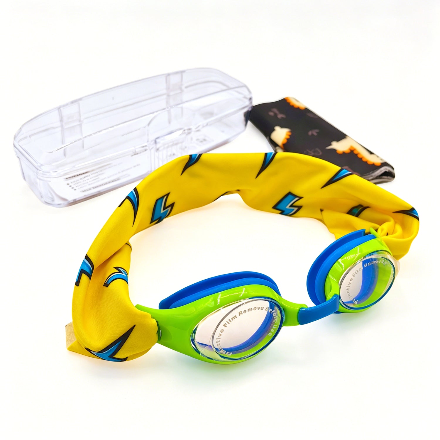 EasyStrap kids swim goggles in blue green with lightning flash fabric strap, bonus dino strap, hard case, and user manual included