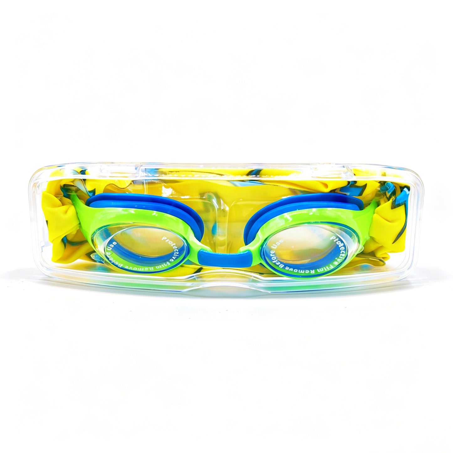 EasyStrap kids swim goggles packed in clear hard case with lightning flash fabric strap