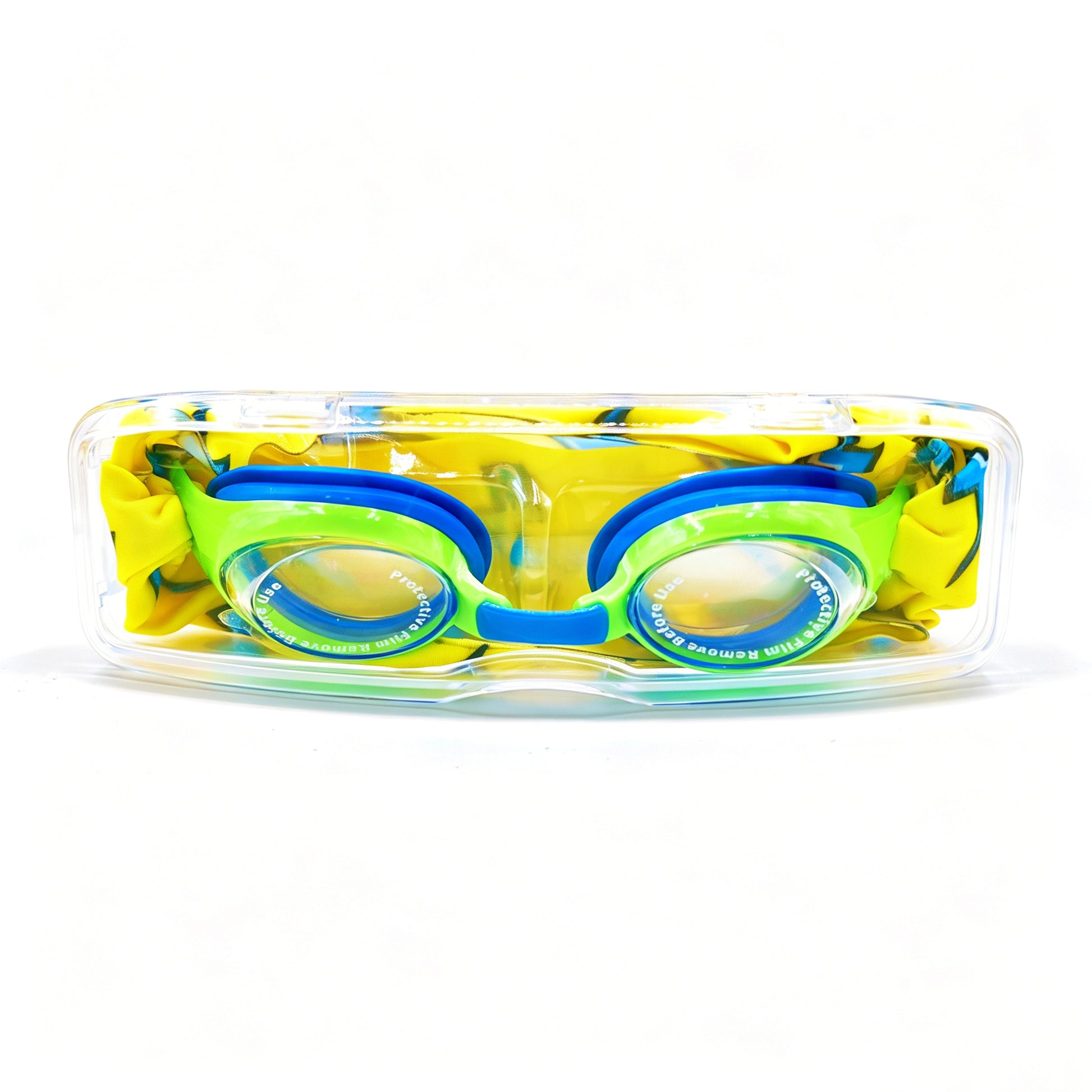 EasyStrap kids swim goggles packed in clear hard case with lightning flash fabric strap