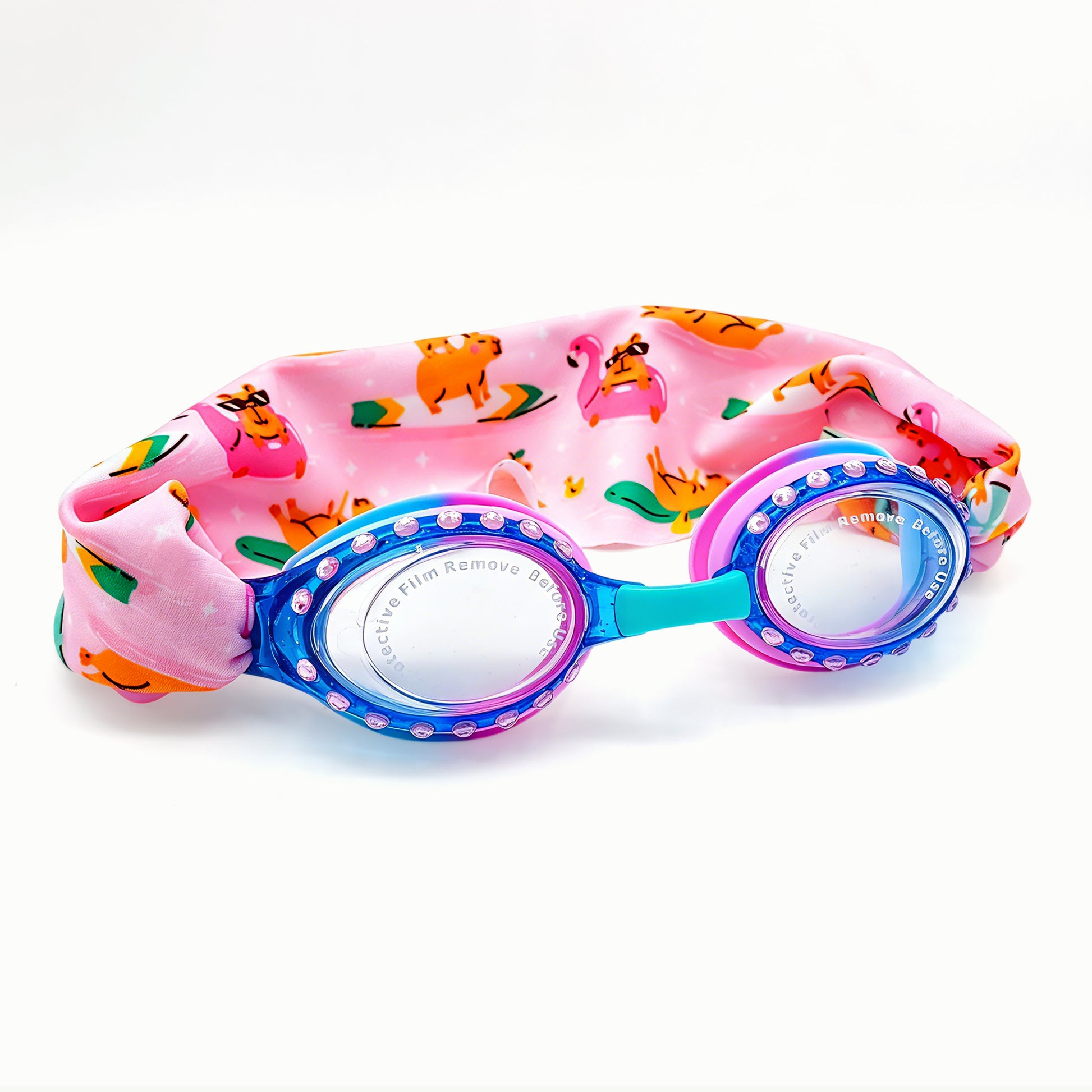 EasyStrap kids swim goggles in blue pink with soft flamingo fun fabric strap for easy on and off