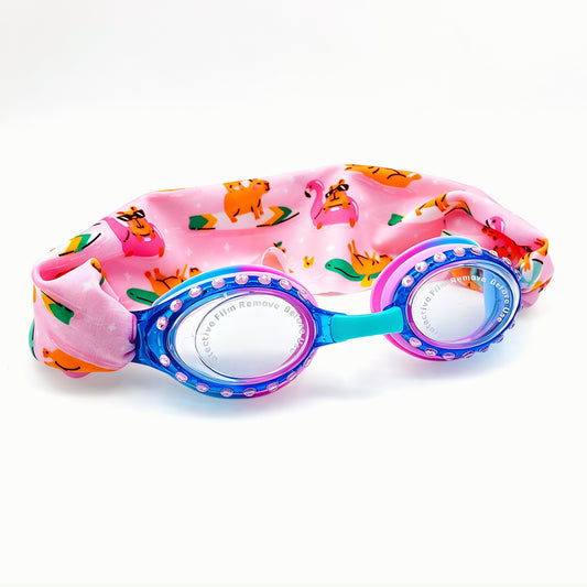 EasyStrap kids swim goggles in blue pink with soft flamingo fun fabric strap for easy on and off