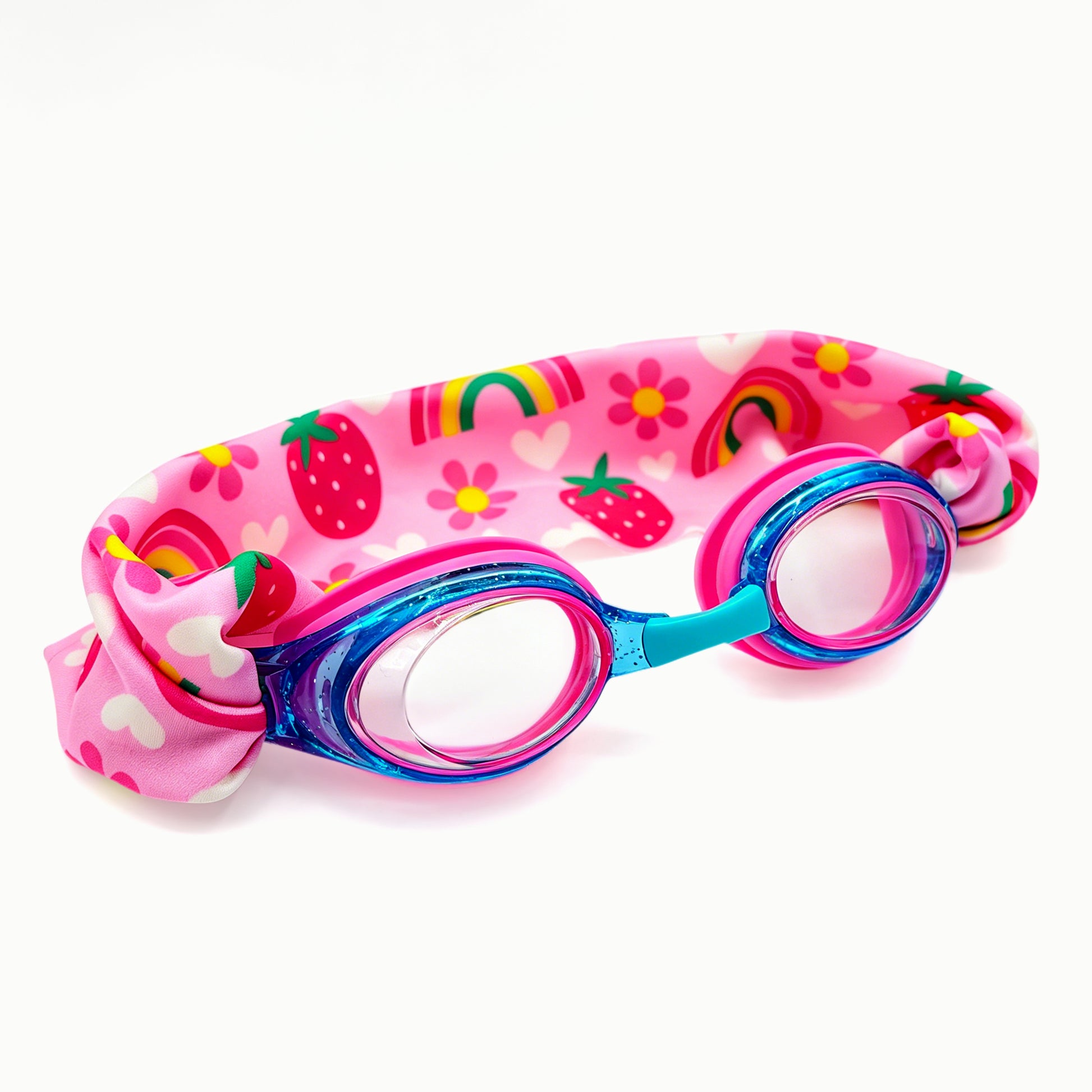 EasyStrap kids swim goggles in blue pink with soft strawberry rainbow fabric strap for easy on and off