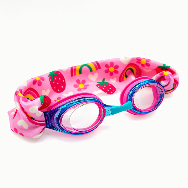 EasyStrap kids swim goggles in blue pink with soft strawberry rainbow fabric strap for easy on and off