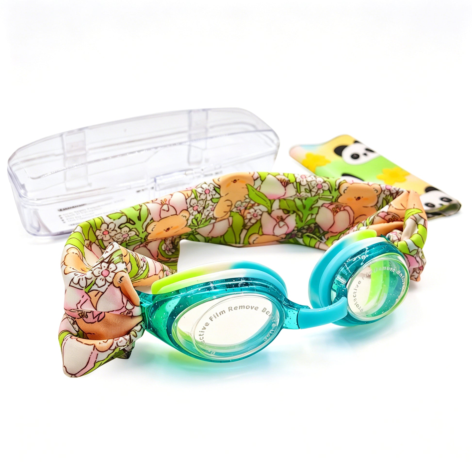EasyStrap kids swim goggles in aqua with floral teddy fabric strap, bonus panda blossom strap, hard case, and user manual included