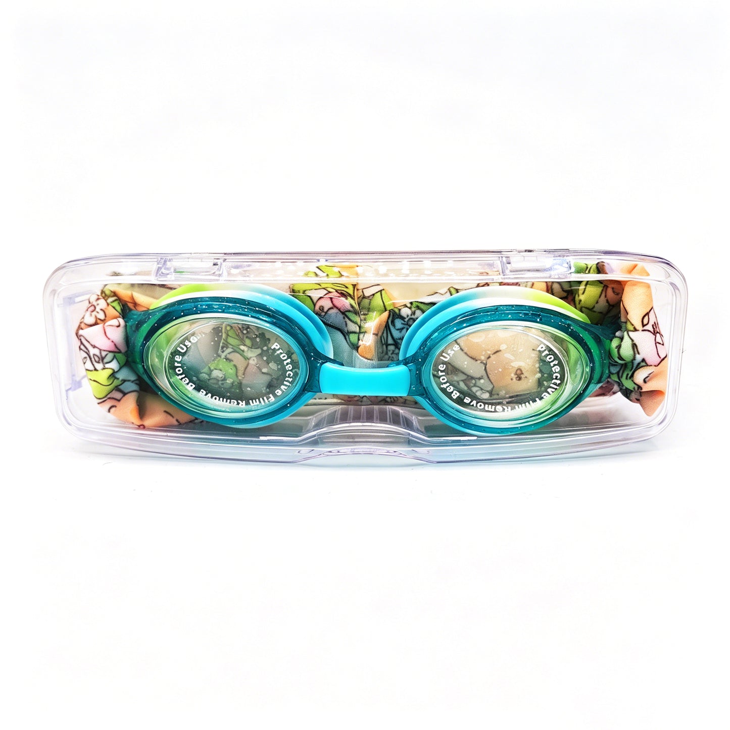 EasyStrap kids swim goggles packed in clear hard case with floral teddy fabric strap