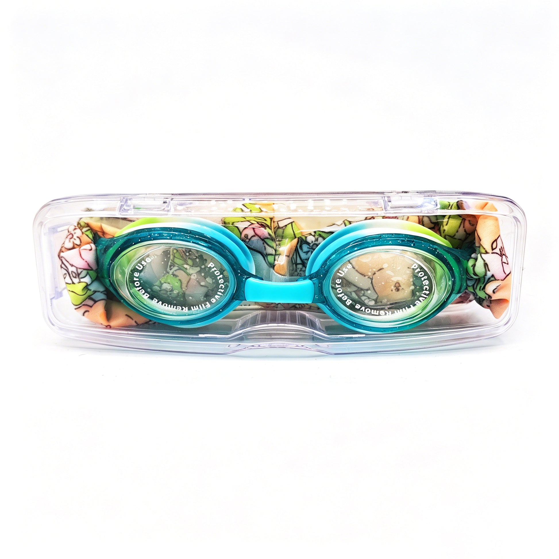 EasyStrap kids swim goggles packed in clear hard case with floral teddy fabric strap