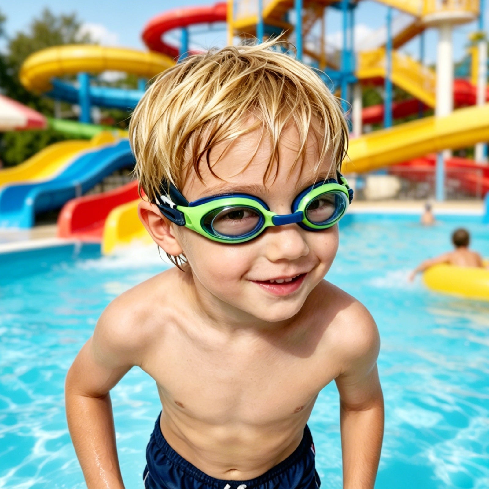 Happy child wearing kids swim goggles in pool, smiling and ready to swim