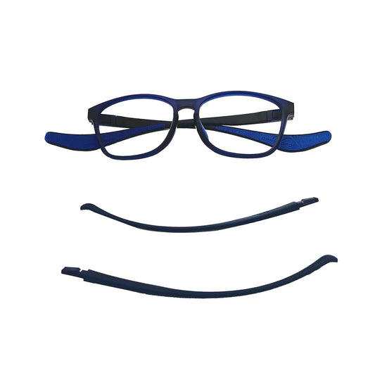 ERX prescription athletic glasses come with deep blue sports temples and deep blue universal temples for sports and everyday life.