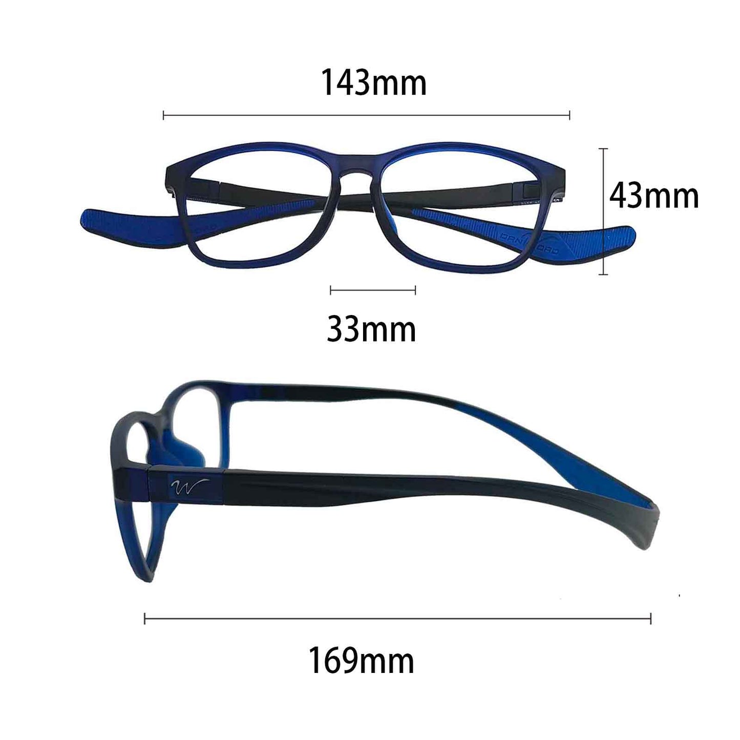 Wynthorix ERX Sports Prescription Glasses in Deep Blue come in various sizes. Choose the right frame size to fit your head and face comfortably.