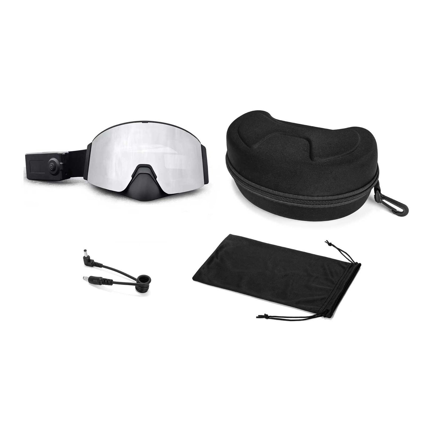 The packaging of Wynthorix MistAway electric snowboard goggles Clear- Silver (MAHG2135) includes pre-fitted lenses, a hard case, a soft pouch, three accessory cords, and a portable power bank.