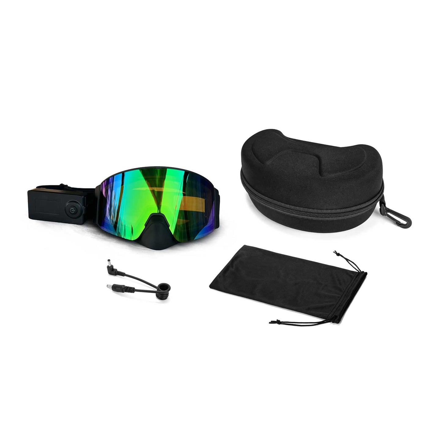 The packaging of Wynthorix MistAway Electric Goggles Green-YellowGreen (MAHG2165) includes pre-fitted lenses, a hard case, a soft pouch, three accessory cords, and a portable power bank.