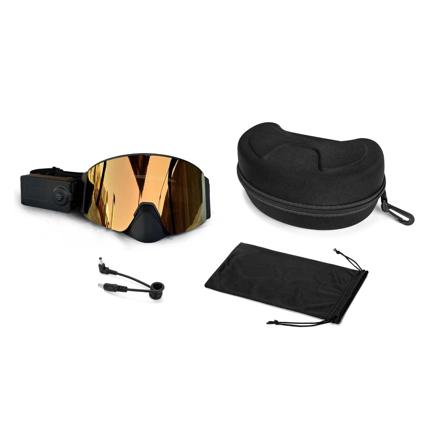 The packaging of Wynthorix MistAway electric goggles grey- golden (MAHG2167) includes pre-fitted lenses, a hard case, a soft pouch, three accessory cords, and a portable power bank.