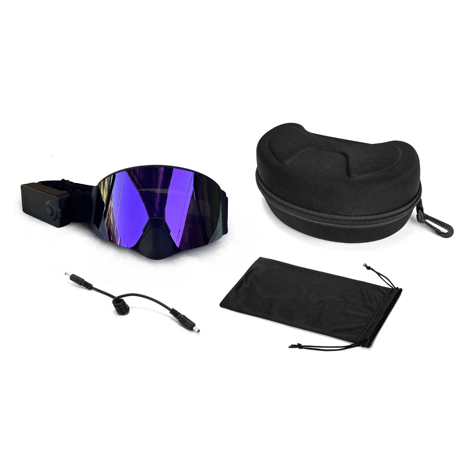 The packaging of Wynthorix MistAway heated snowmobile goggles grey- purple (MAHG2121) includes pre-fitted lenses, a hard case, a soft pouch, three accessory cords, and a portable power bank.