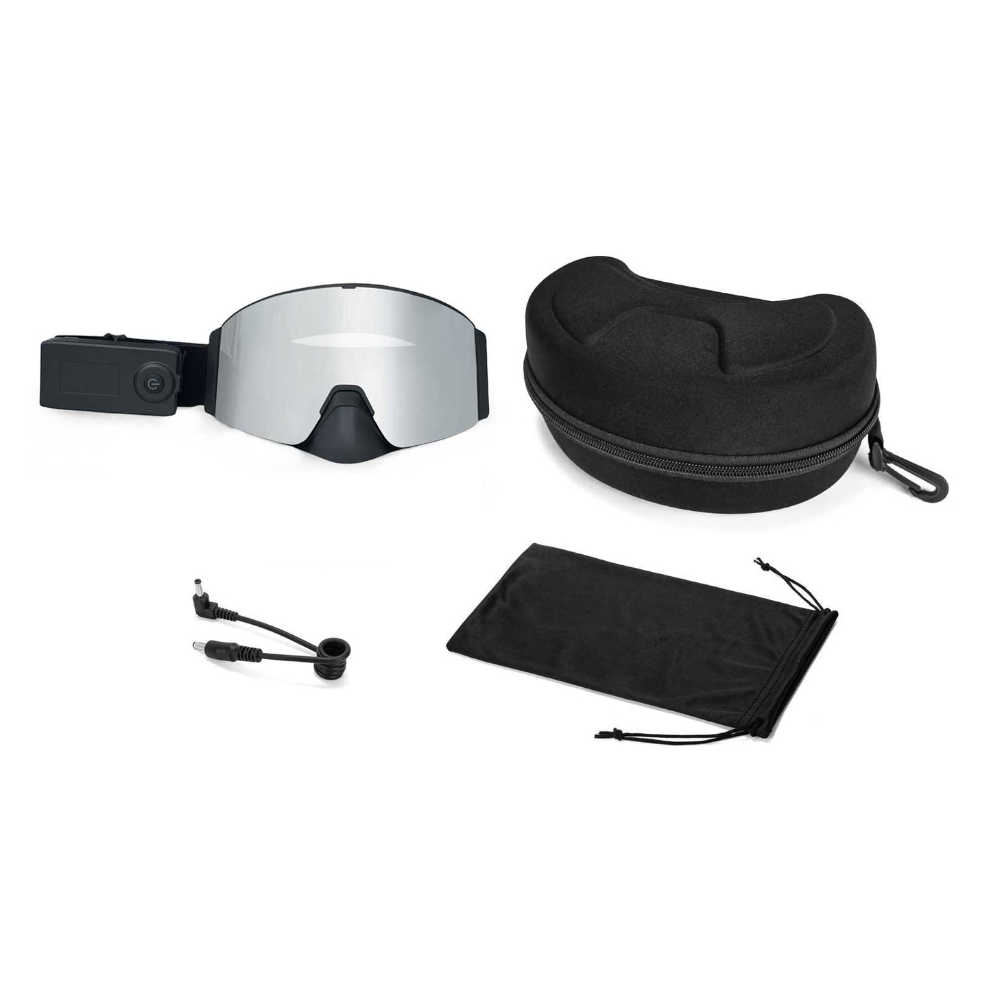 The packaging of Wynthorix MistAway heated ski goggles grey- silver (MAHG2104) includes pre-fitted lenses, a hard case, a soft pouch, three accessory cords, and a portable power bank.