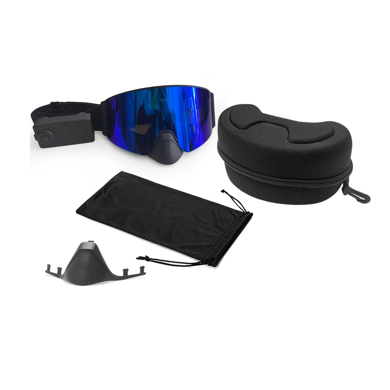 The packaging of Wynthorix MistAway heated goggles for snowmobiling grey-blue (MAHG2110) includes pre-fitted lenses, a hard case, a soft pouch, three accessory cords, and a portable power bank.