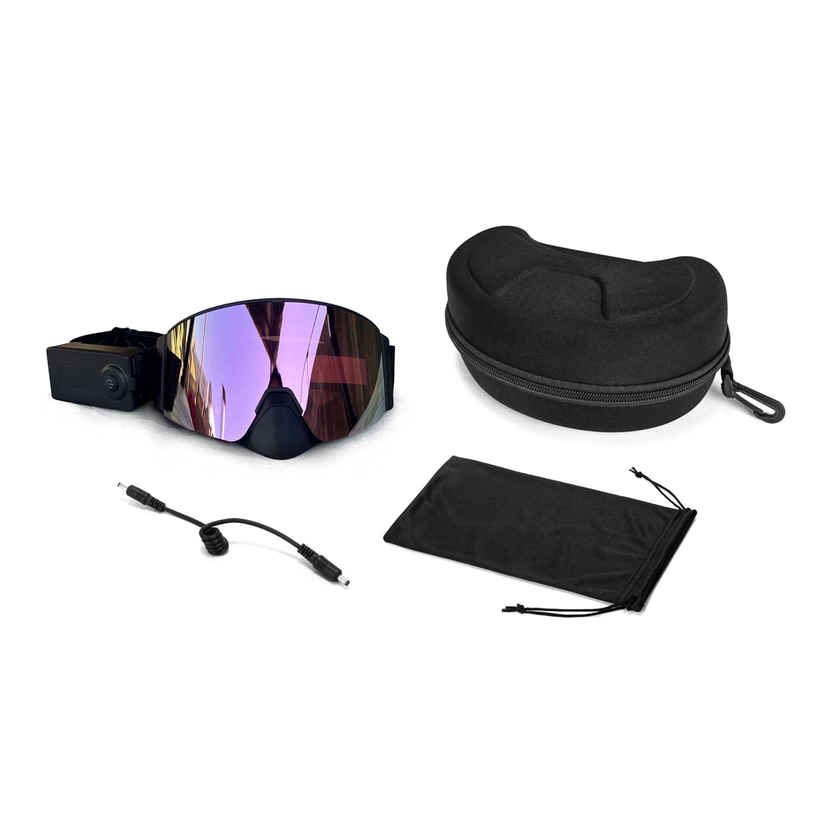 The packaging of Wynthorix MistAway electric snow goggles pink- cherry pink (MAHG2119) includes pre-fitted lenses, a hard case, a soft pouch, three accessory cords, and a portable power bank.