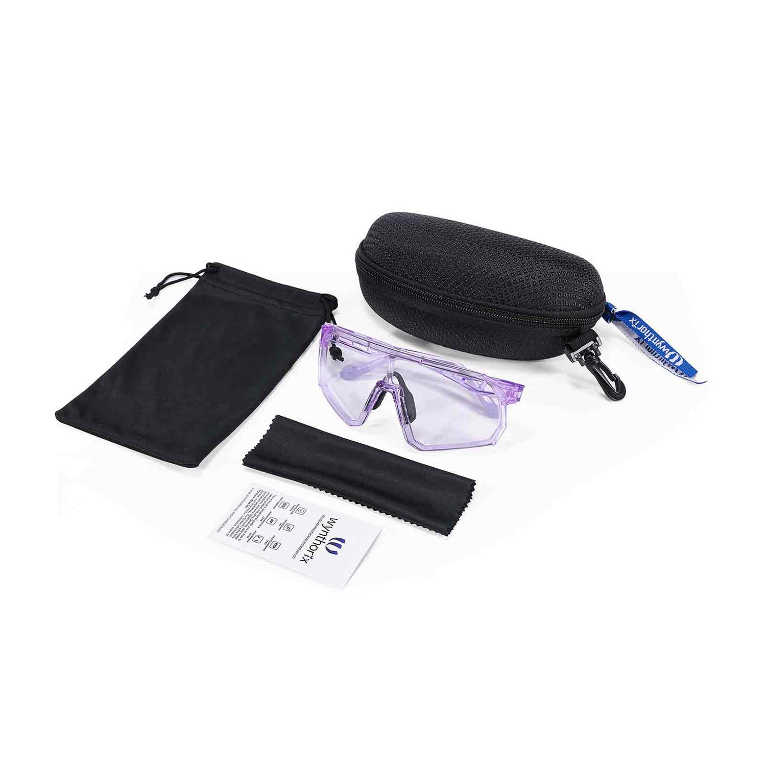 Complete package of Wynthorix pickleball safety gllasses: pickleball glasse, hard protective case, soft pouch, manual, and microfiber cloth—ideal for pickleball.