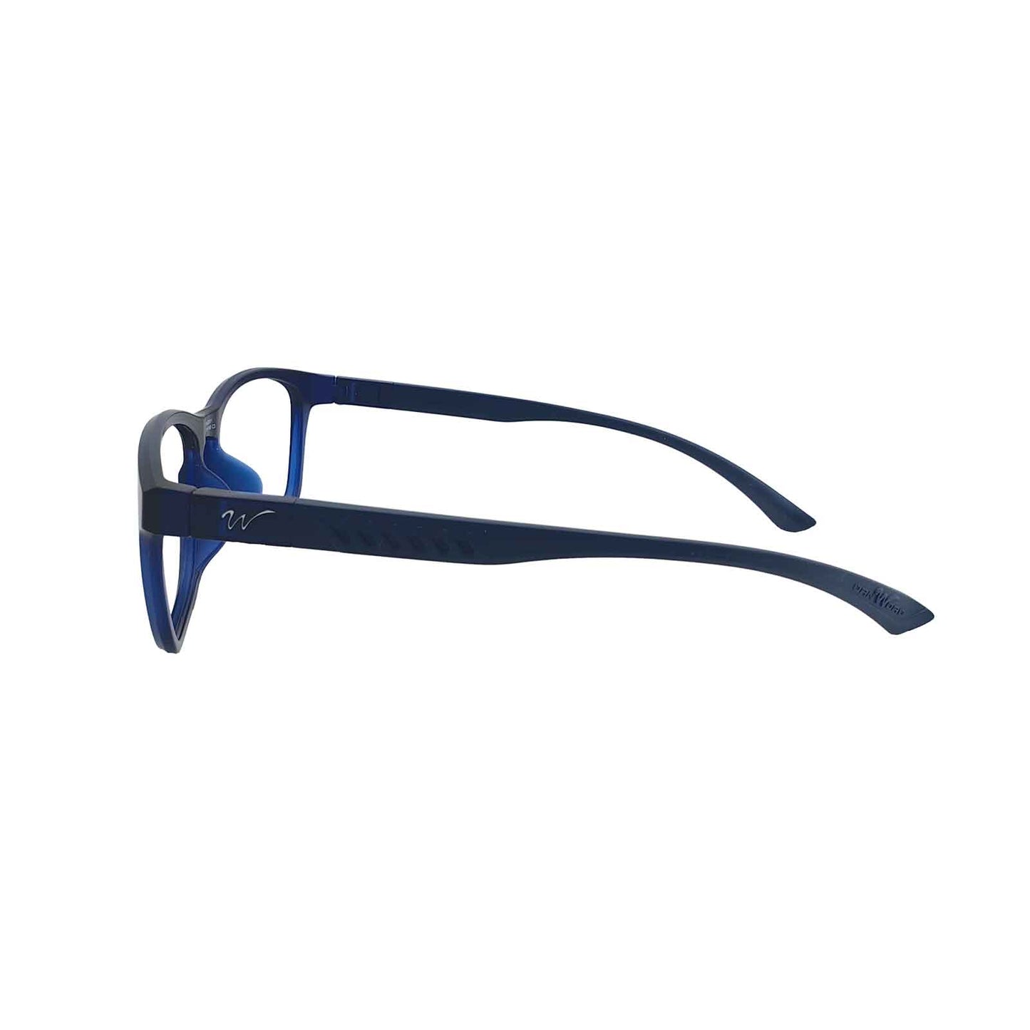 Wynthorix E Rx athletic prescription eyewear with deep blue universal temples, showcase the elegant lines of the side sports temple design.