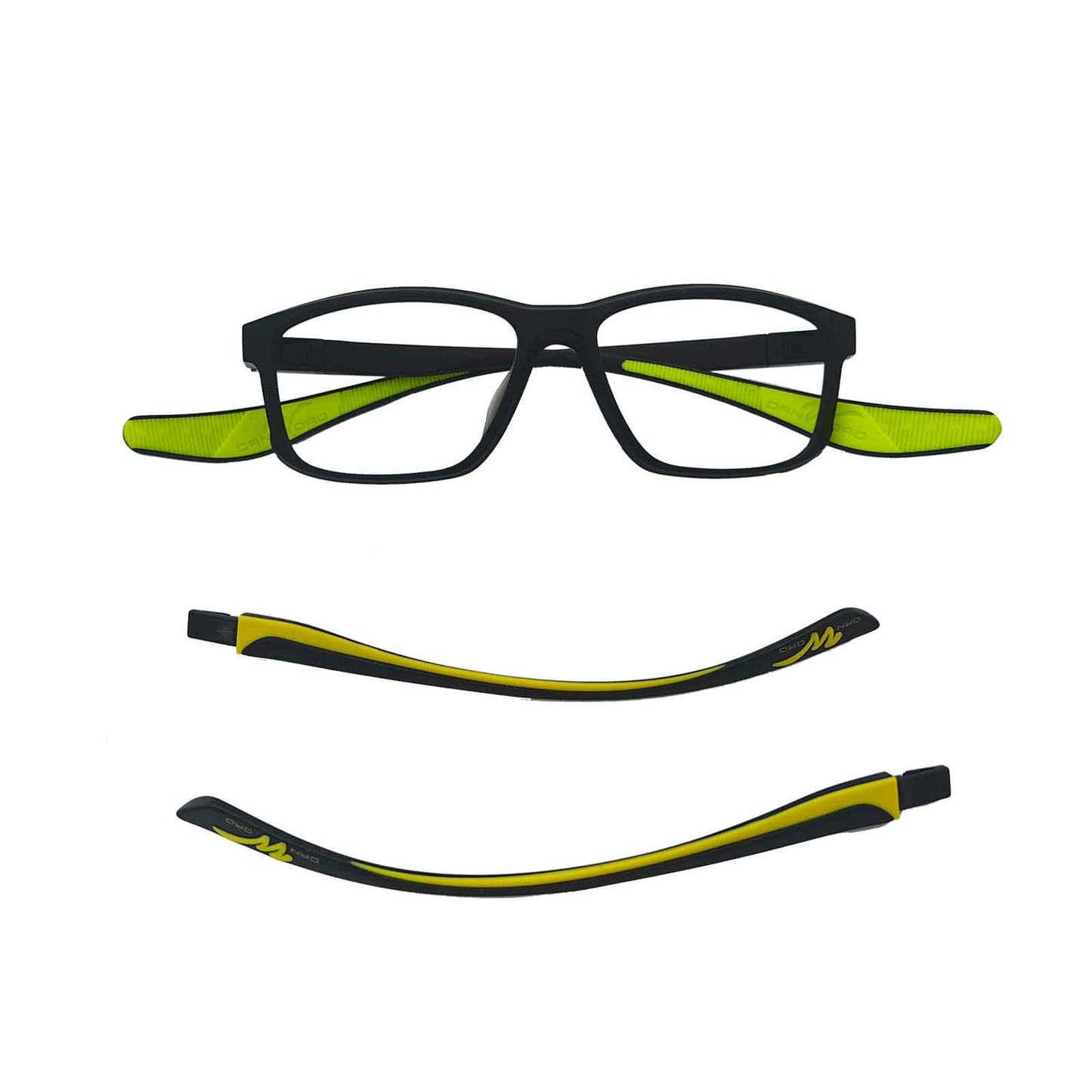 ERX prescription athletic glasses come with neon green sports temples and black yellow universal temples for sports and everyday life.