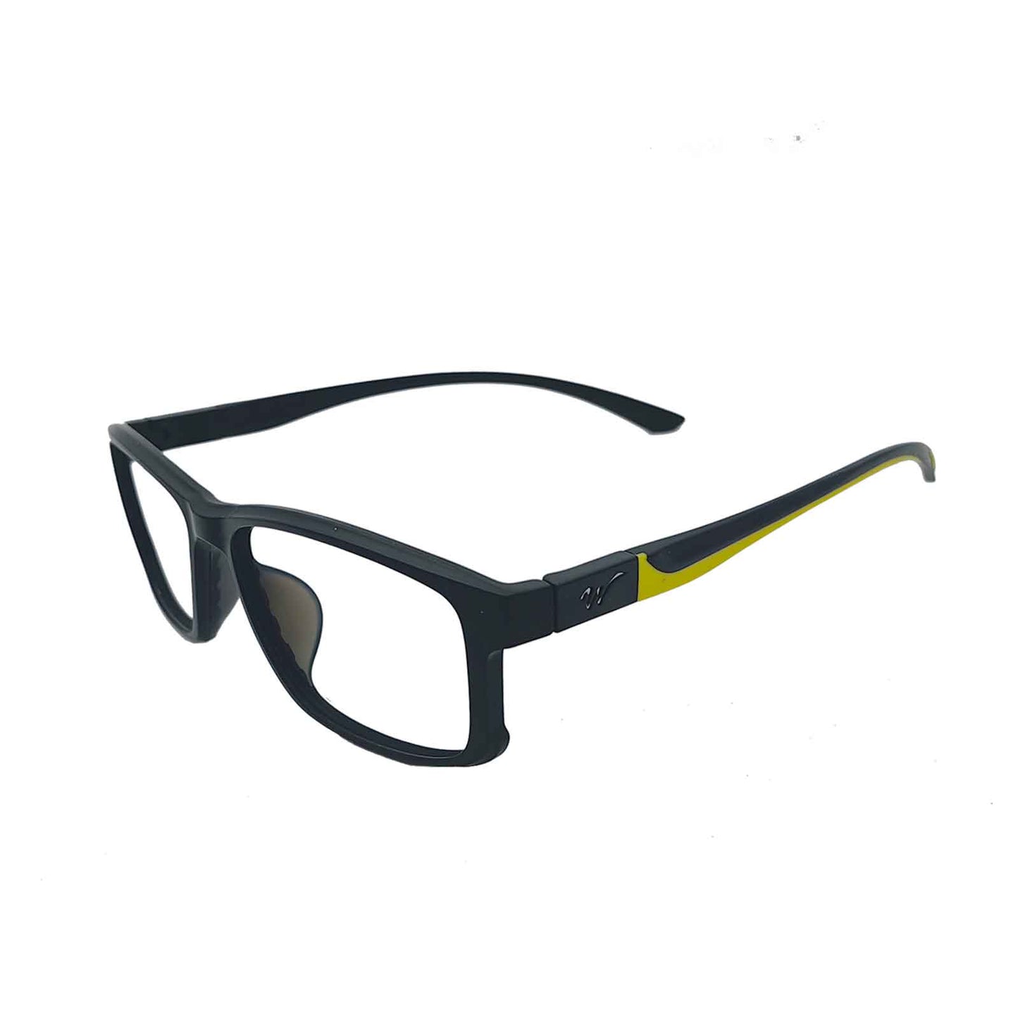 ERX prescription athletic glasses come with neon green sports temples and  black-and-yellow universal temples.Show the  black & yellow one.