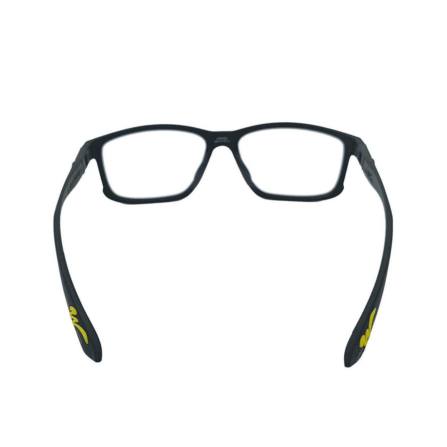 E Rx athletic prescription eyewear with black & yellow temples features a W-shaped groove design at the tips, showcasing Wynthorix's brand detail.