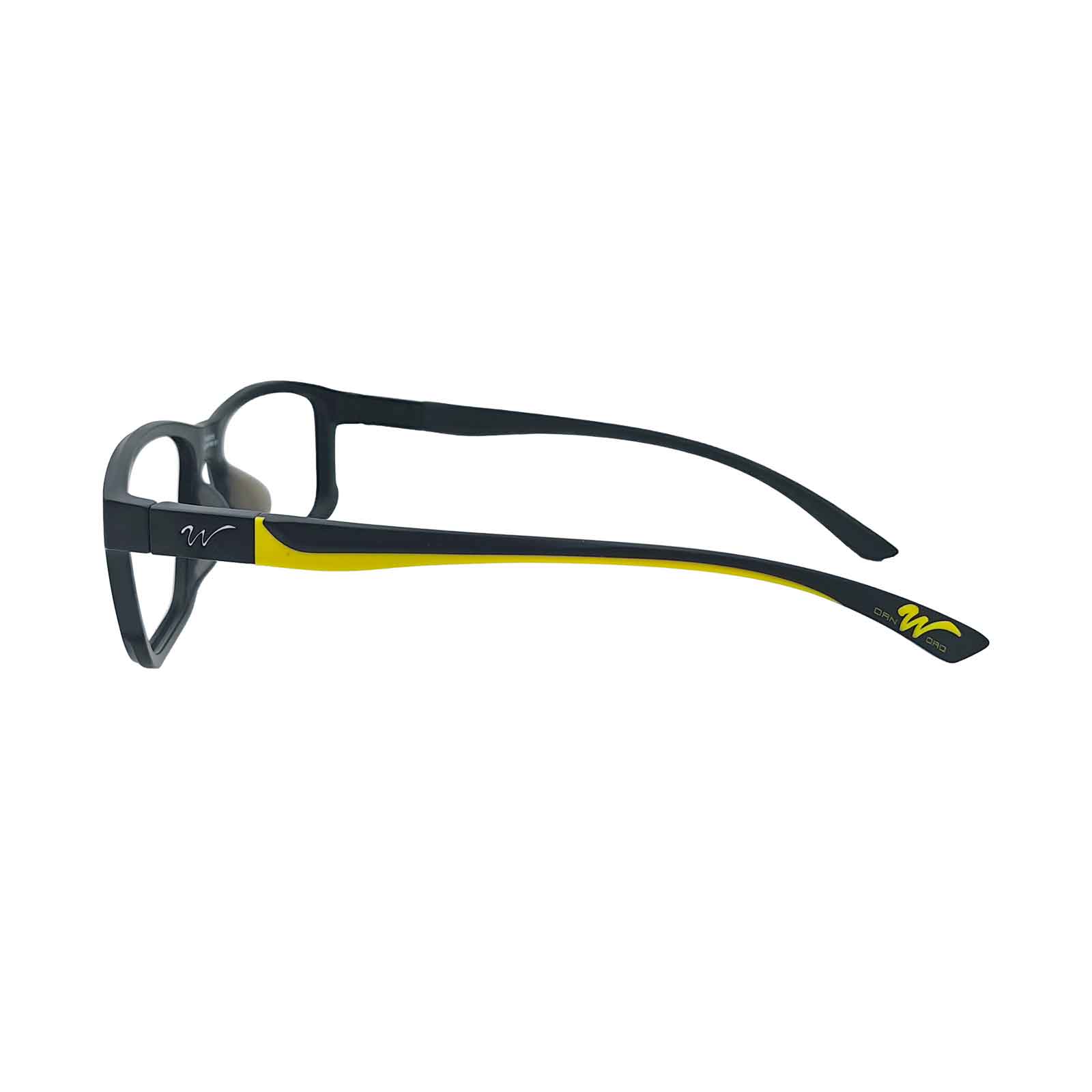 Wynthorix E Rx athletic prescription eyewear in green-black & yellow highlights the sleek lines of the side sports temple design.