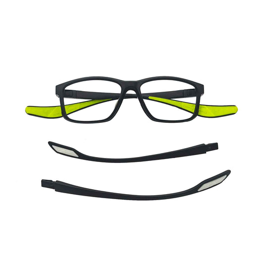 ERX prescription athletic glasses come with neon green sports temples and black-and-white universal temples for sports and everyday life.