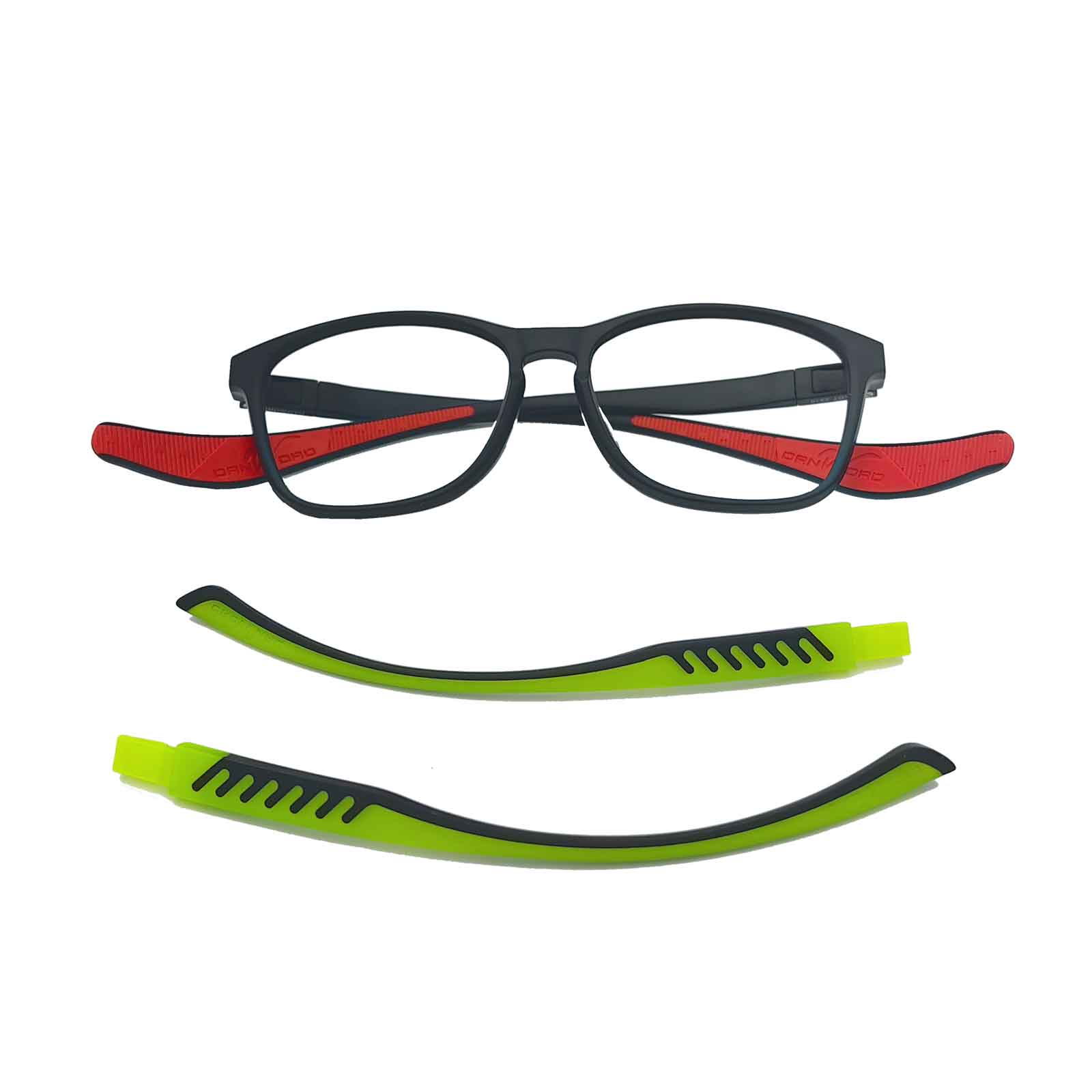 This red and green ERX sport frames prescription glasses come with red sports temples and neon green universal temples, showcasing your unique style.