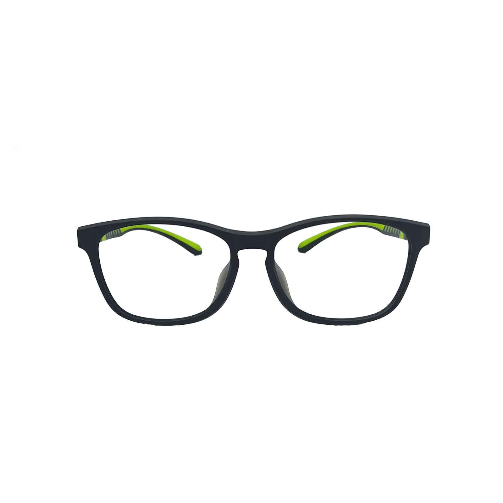 ERX athletic prescription eyewear with neon green universal temples boasts a sporty design that contours closely to the head, ensuring a comfortable fit without temple pressure.