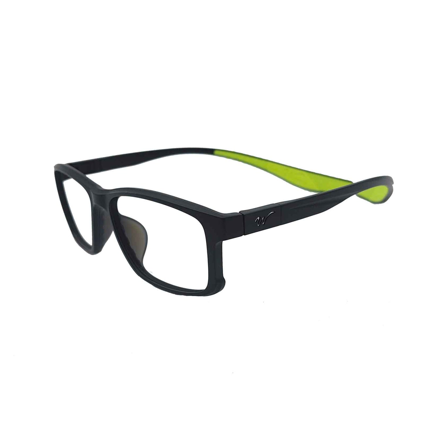 ERX prescription sports glasses come with neon green sports temples and black-and-white universal temples.Show the neon green one.