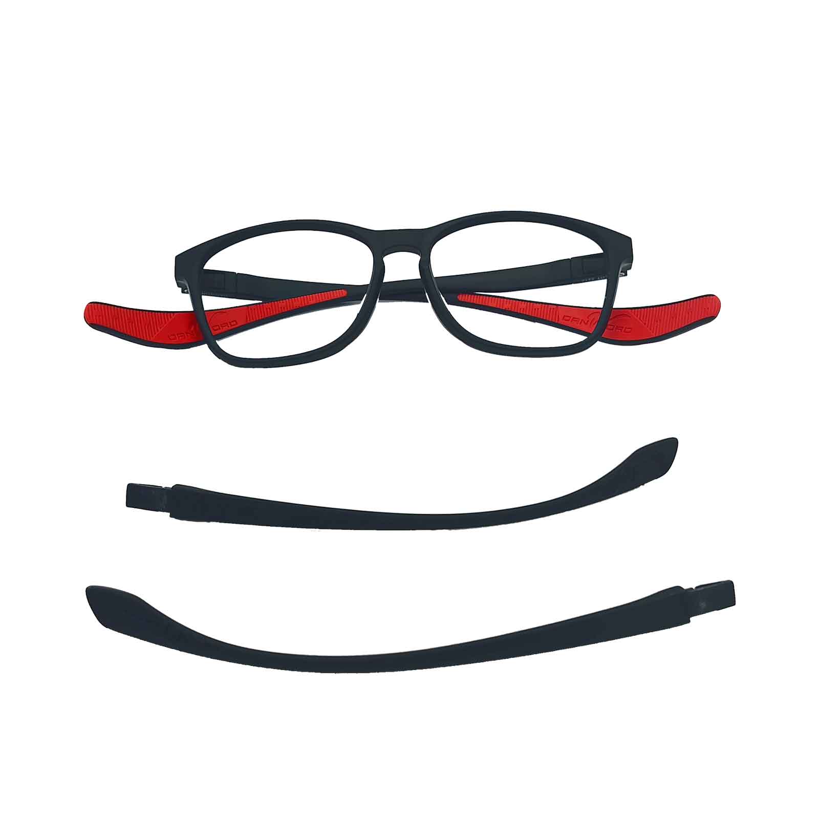 E RX sport frames prescription glasses feature red sports temples and black universal temples, catering to both athletic and everyday wear.